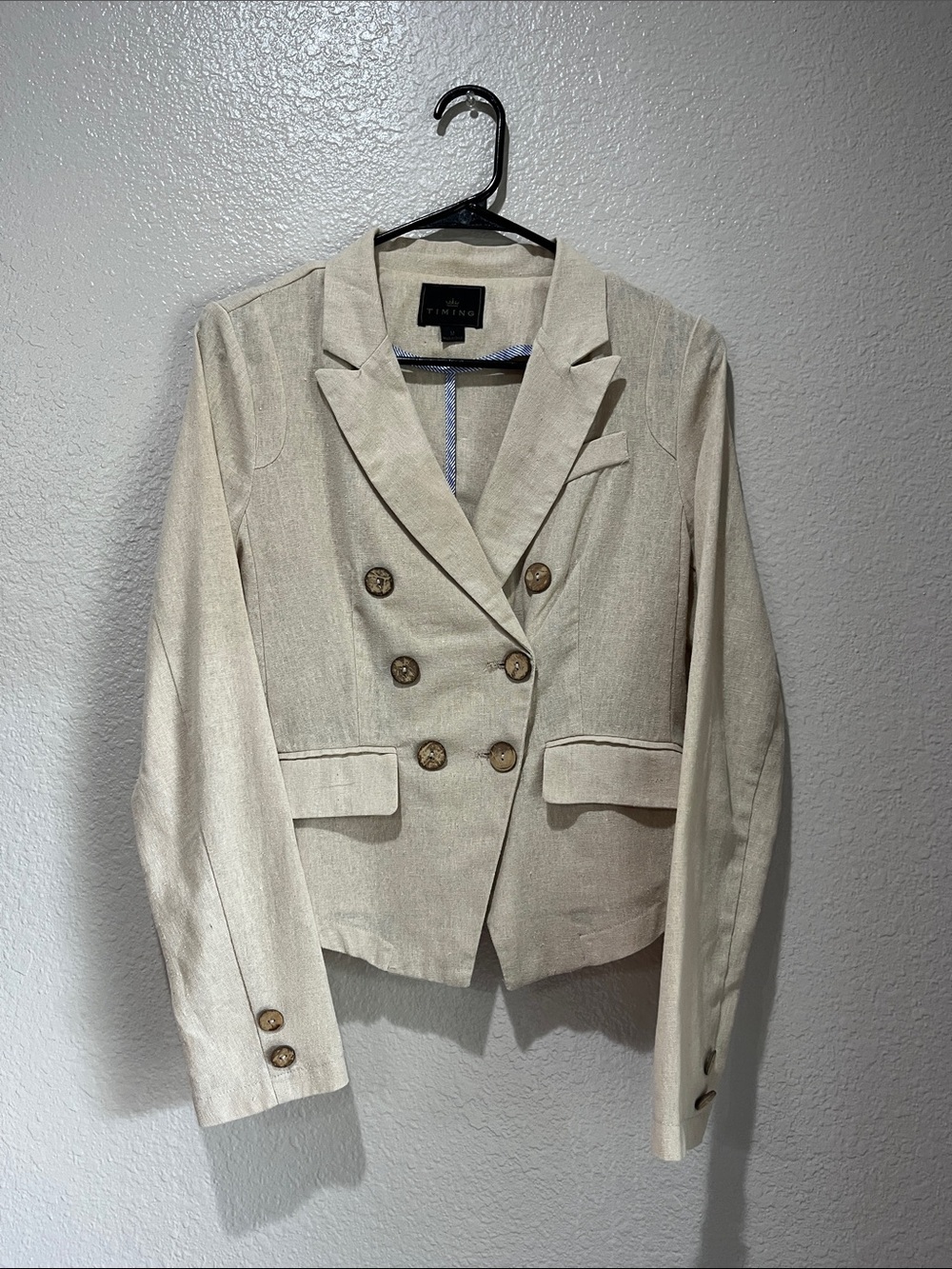 TIMING Cream Double-Breasted Linen-Blend Cropped Blazer Sz M Office TC0167